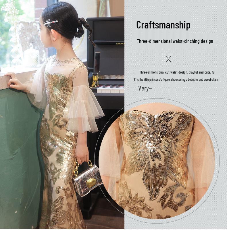 2025 Herbst Gold Pailletten Meerjungfrauenkleid für Mädchen - Geburtstagsparty & Bühnenoutfit