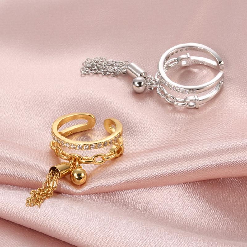 Dangling Chain Tassel Band Ring Adjustable Open Ring Gift Link Chain Tassel Ring Zirconia with Spike Pendant Finger Ring