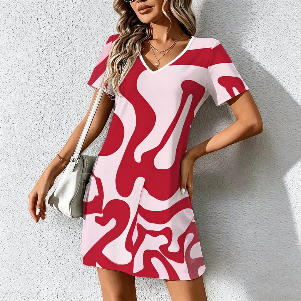 Mode d'été pour femmes Robe à col en V à manches courtes avec imprimé géométrique rétro Jupe courte sexy Robes