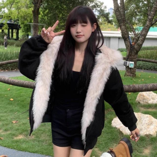 Black fur collar padded seat mountain carving cat ear jacket men's and women's autumn and winter thickened couple's cotton-padded clothes cotton-padde
