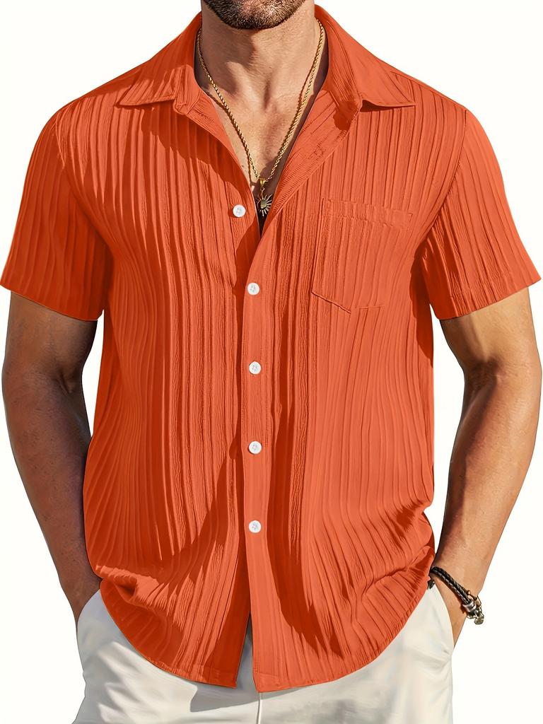 Men's Casual Button Down Shirts with Pocket Short Sleeve Textured Summer Holiday Beach Wedding Shirt