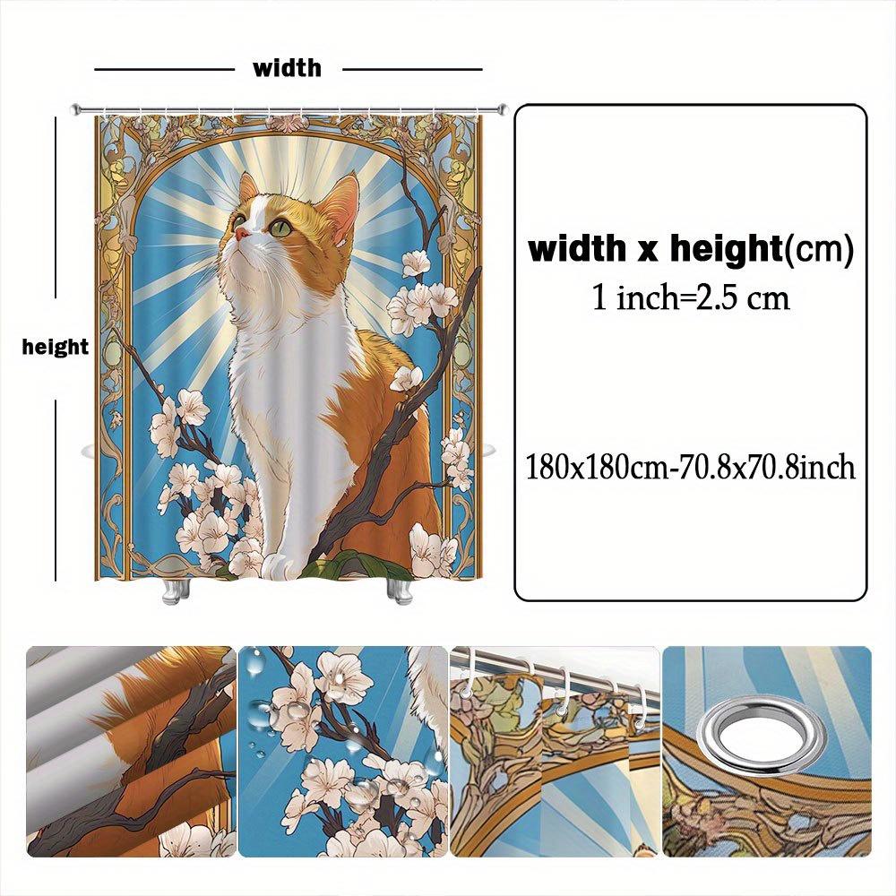 1 Stück Jugendstil Katze Duschvorhang - Üppige Orange getigerte Katze mit grünen Augen, weiße Blumen & goldene Rahmen auf Blau