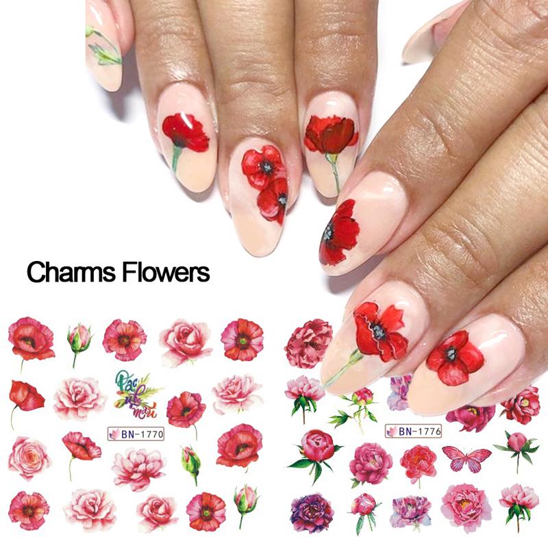 20 Nagelfolien-Aufkleber Blumen-Mix – Rose, Blätter, Wasserfest, Für Nail Art & Maniküre