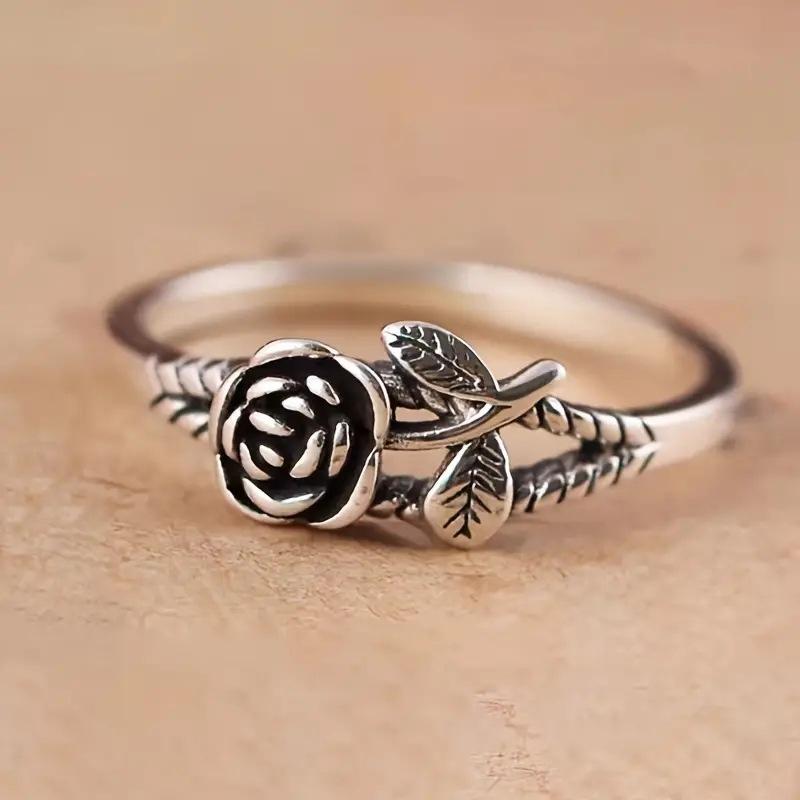 Rose Flower Rings For Women Silver Color Jewelry Alloy Material Vintage Retro