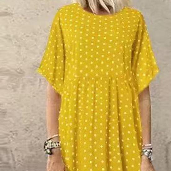 Dámské maxi šaty s puntíkovým potiskem Letní šaty s krátkým rukávem a kulatým výstřihem Dlouhé šaty Ležérní plisované áčkové plážové šaty