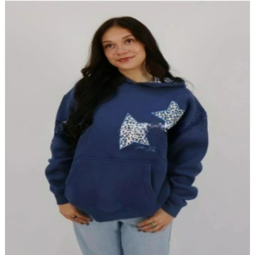Embroidered Spring Leopard Print Star Print Hooded All-match Loose Casual Pullover Sweater for Men and Women