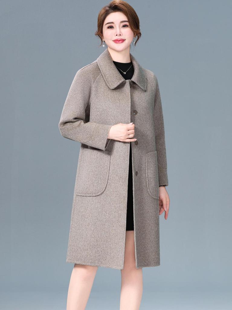 2025 New Autumn/Winter Double-Sided Cashmere Coat for Middle-Aged & Elderly Women - Mid-Length, High-End Wool Overcoat