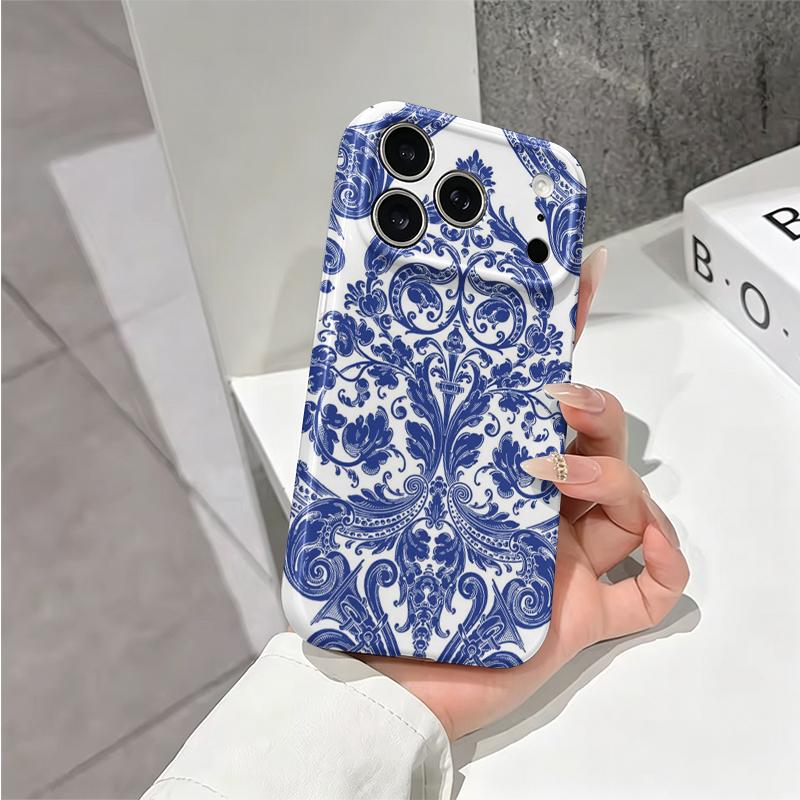 Cobalt Baroque Ornate Pattern Design Art Film Aesthetic Protective Shockproof Bumper Phone Case Cover For iPhone 14 15 16 Pro Max Plus