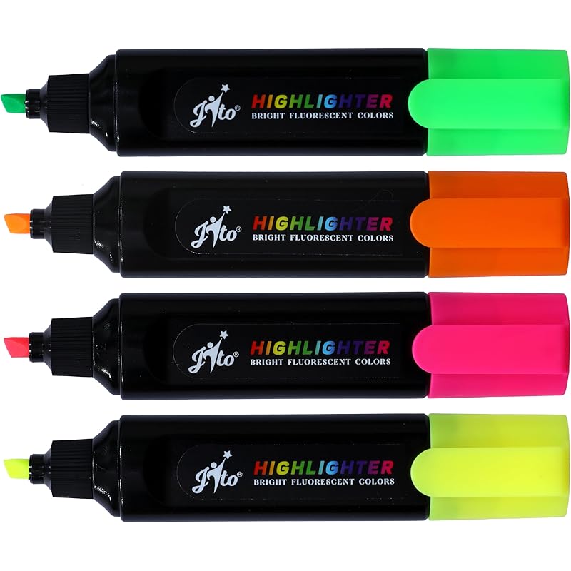 Bambalio Bright Fluorescent 4 Assorted Colours Hilighter Chisel Tip Quick Drying & Smudge Proof Non-Toxic Ink School, Ho