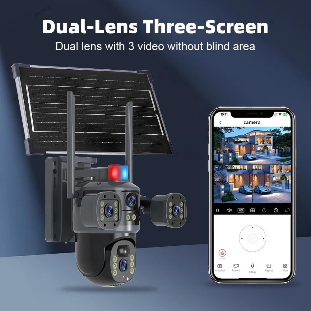 Câmera de Vigilância PTZ Sem Fio WiFi Multi-Lente com 3 Telas V380 Pro 8MP Alimentada por Energia Solar 4K Segurança Externa Câmera CCTV Solar com Cartão SIM 4G