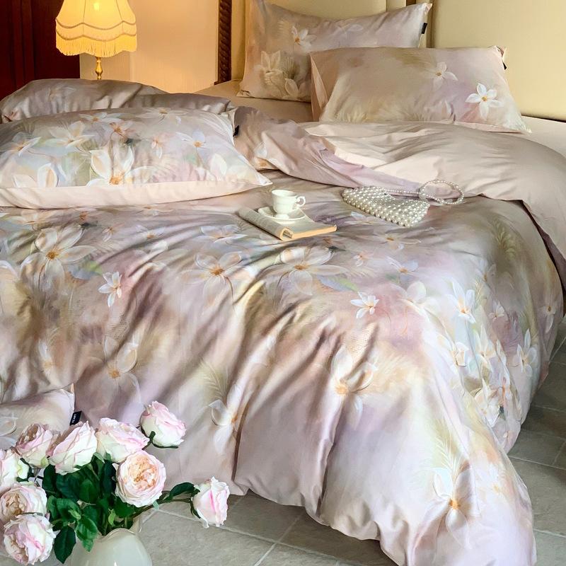 French Pastoral Oil Painting Style 100S Pure Cotton Satin Long-Staple Cotton Four-Piece Digital Printing Bedding