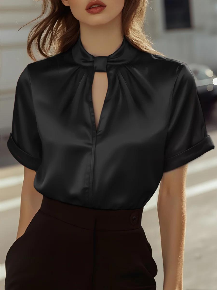 Women s Satin Short Sleeve Shirt Bow Tie V Neck Cut Out Blouse Multi Colors S