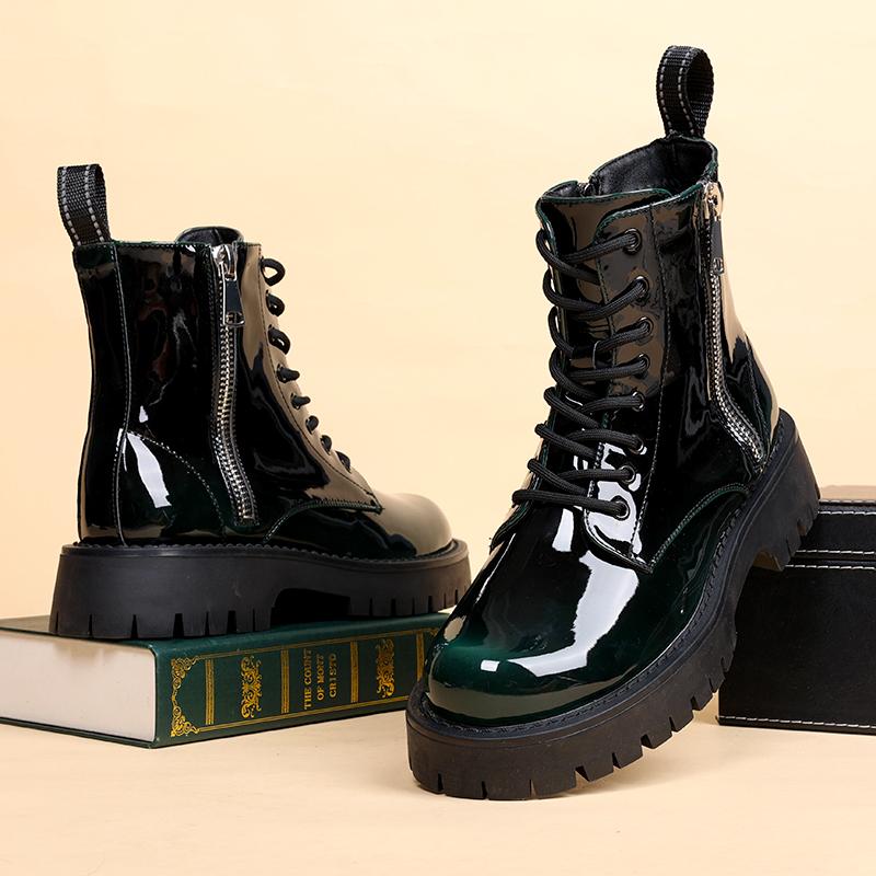 Fashion Men Fashion Stage Nightclub Patent Leather Boots Lace-up Platform Shoes Cowboy Spring Autumn Boot Cool High Motorcycle Botas Man