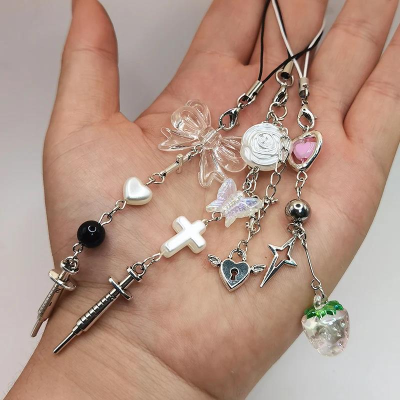 Black Punk Y2K Phone Pendant Chain Cool Girl Sweet Pink Beaded Charm With Cross Butterfly Love Accessories For iPhone Camera Bag 1