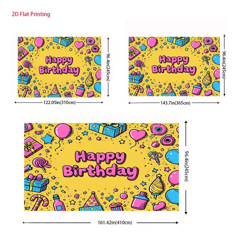 2D Yellow Happy Birthday Backdrop, Cartoon Party Doodles & Gifts Photo Background