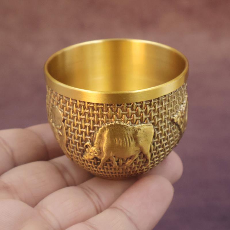1Pcs Brass Fu Bowl Desktop Lucky Decor Hand Carved Brass Drinking Cup Treasure Bowl Metal Artifact Gifts