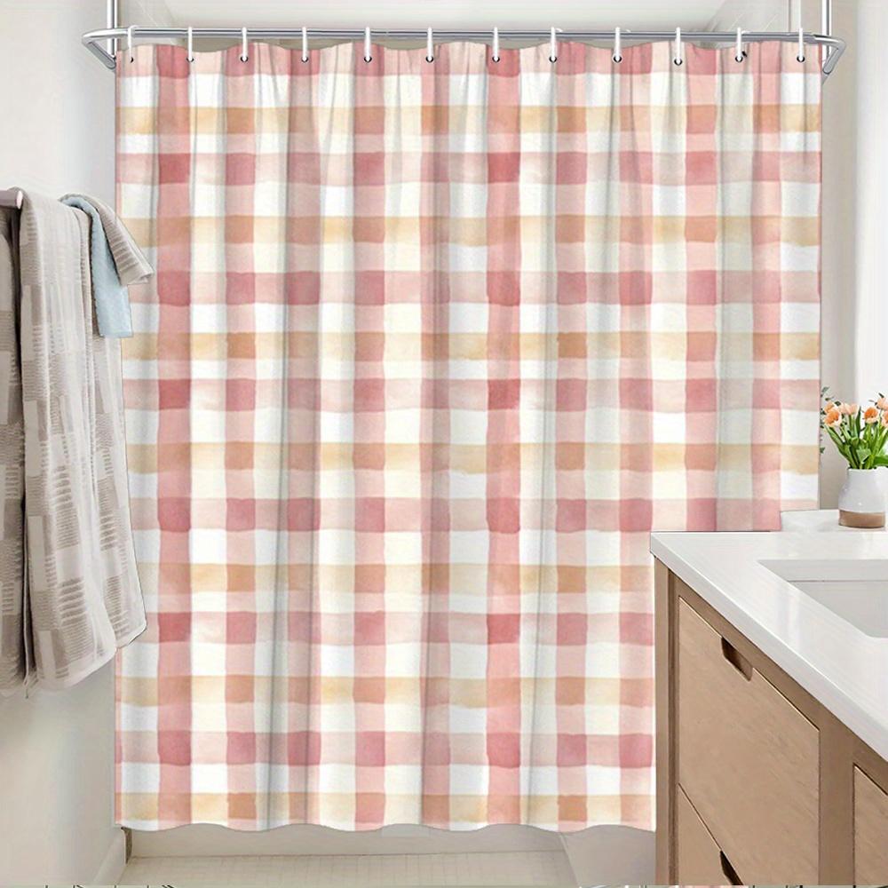 Watercolor Pink Beige White Plaid Checkered Print Shower Curtain Waterproof Mildew Resistant With Plastic Hooks Quick Install Fo