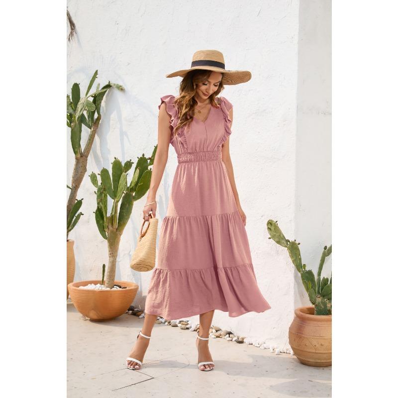 V-Ausschnitt Hohe Taille Langes Kleid Lässig Urlaubsreise