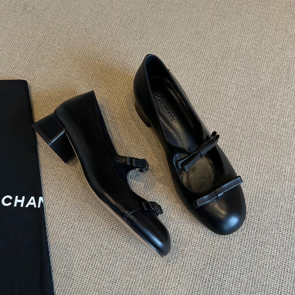 Sheepskin Temperament Double Bow Polished High Heels Retro Light Mouth Versatile Leather Shoes Mary Jane Shoes Women's Single Shoes