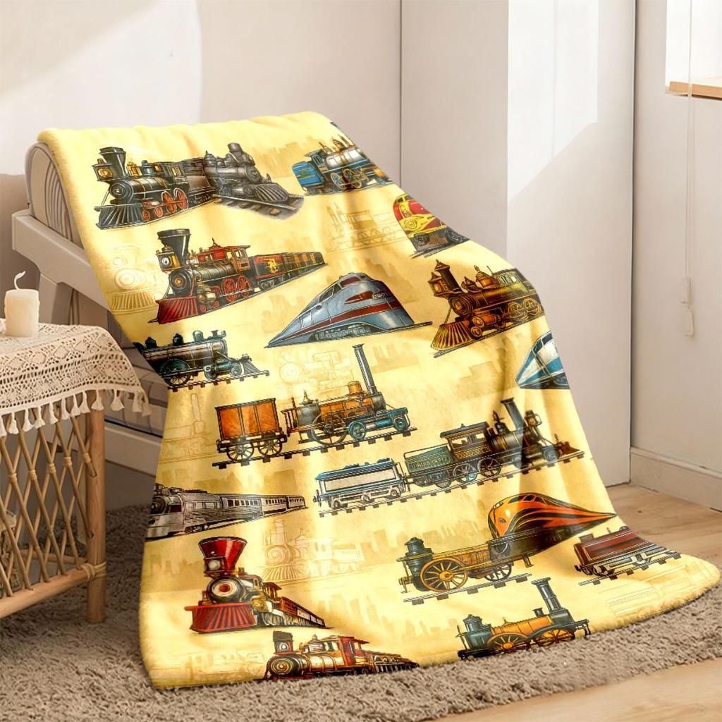 Vintage Train Throw Blanket Ultra-Soft Flannel Allergy-Friendly Tear-Resistant Colorful Train Illustrations for Sofa Office Nap Ou