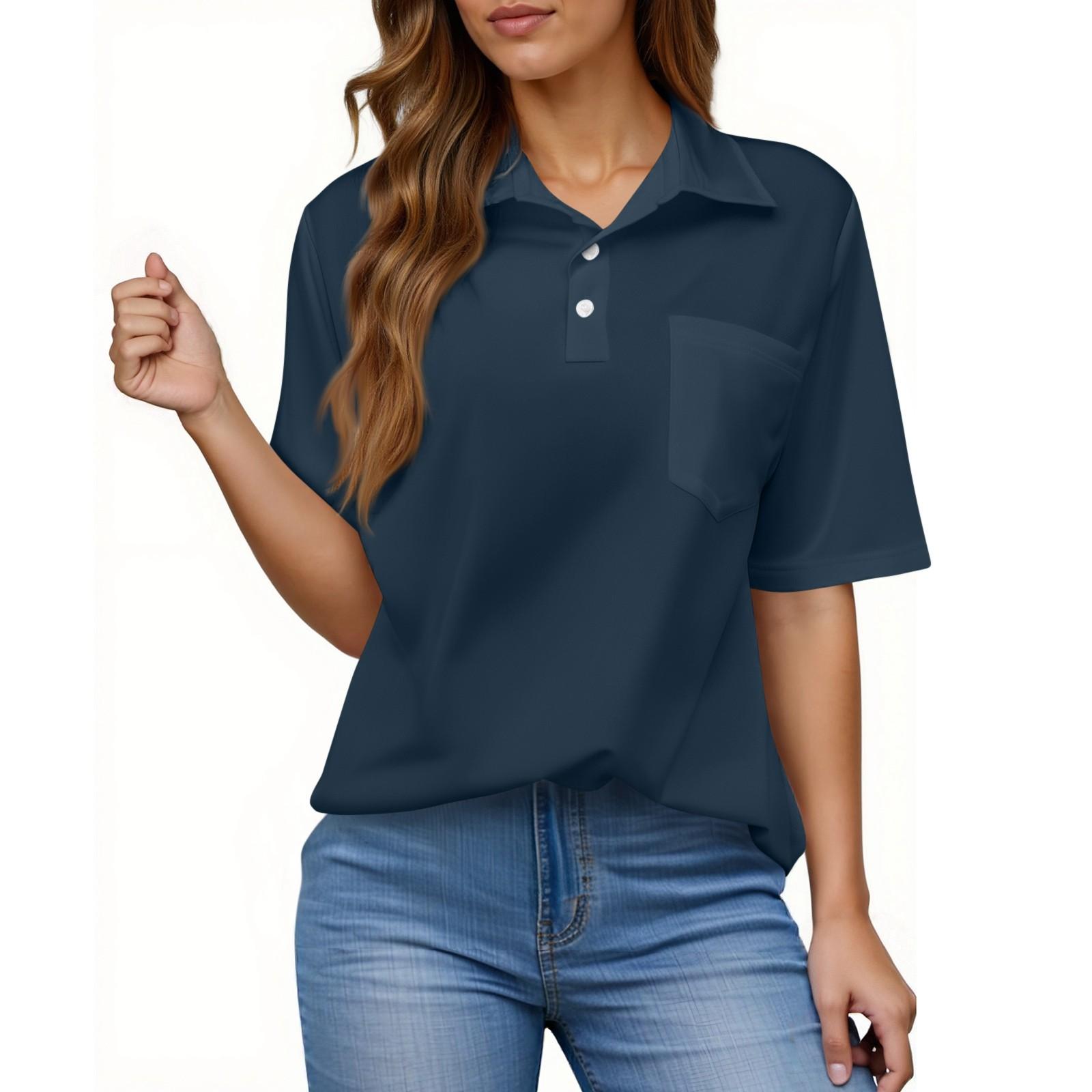 

Женская модная повседневная рубашка с пуговицами и карманом, с коротким рукавом, однотонная, с лацканами S тёмно-синий