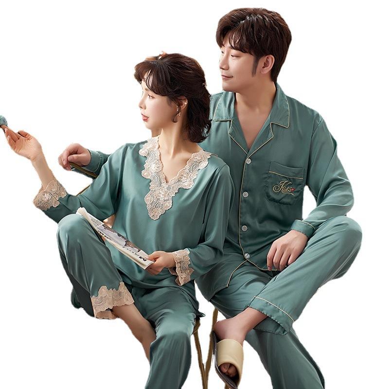 Wedding couple pajamas spring and autumn red women's ice silk men's long-sleeved silk natal year wedding loungewear suit