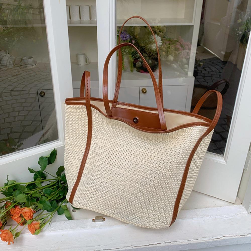 

Handbag Straw Bag Slouchy Beach Shoulder Bag Portable Weave Tote Bag Outdoor белый