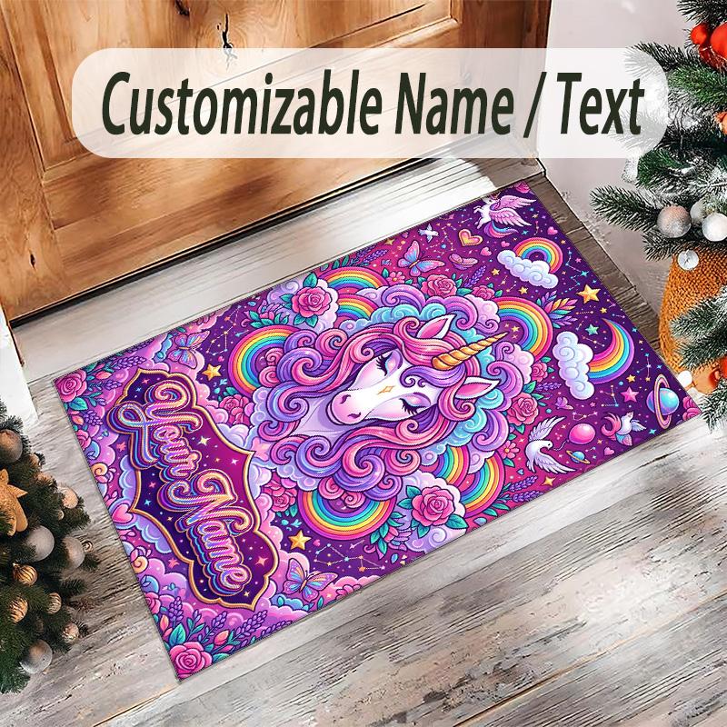 Alfombra de Suelo de Terciopelo de Cristal con Temática de Unicornio, Alfombra Cálida Personalizada con Nombre y Texto, Decoración del Hogar