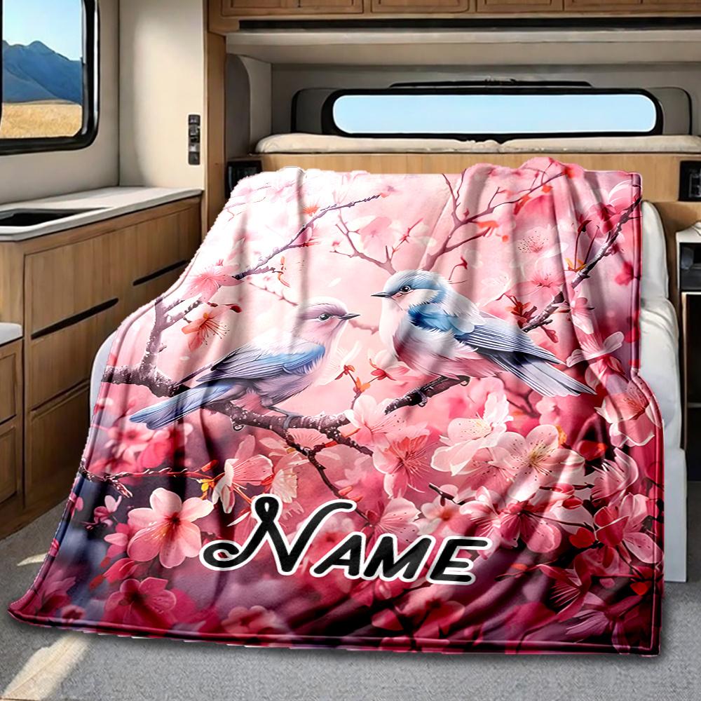 Cherry Blossoms And Blue Birds In Harmony Rv Blanketcustomizable With Your Namecomfortable And Stylish Perfect For Rv Travel Beds Chairs Offices Sofas