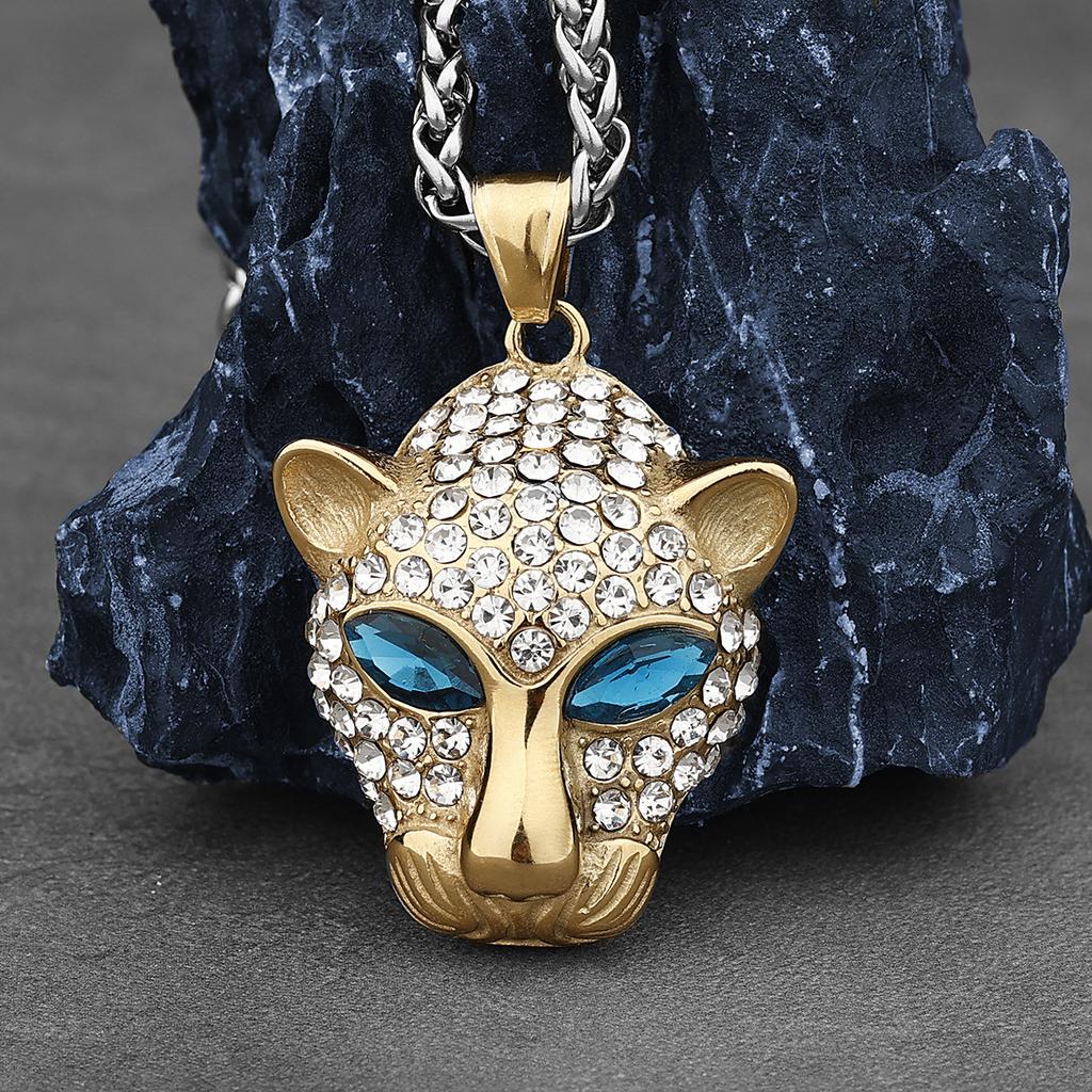 Blue Diamond Leopard Head Pendant, Trendy European and American Brand Couple Necklace