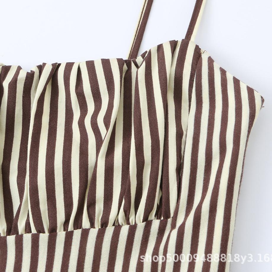 Women's New European and American Fashion Striped Poplin Splicing Suspender Dress