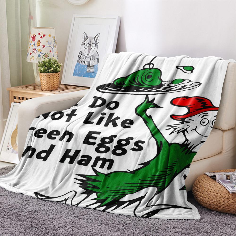 1PC Green Eggs and Ham Print Flannel Blanket, High quality All Seasons, Home Decor, Warmth and Comfort, Perfect for Christmas Gifts