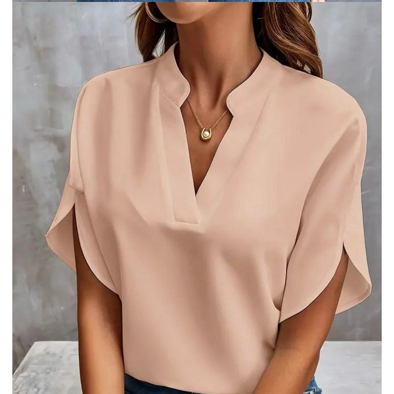 Damen 2025 Sommer Casual Einfarbig V-Ausschnitt Locker Bluse Tops für Damen