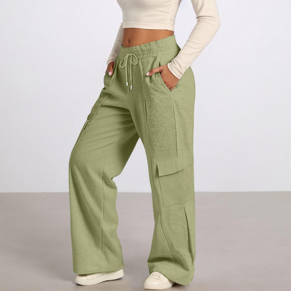 Women's Casual Fashion Solid Color Elastic Waist Drawstring Workwear Wide Leg Pants With Pockets
