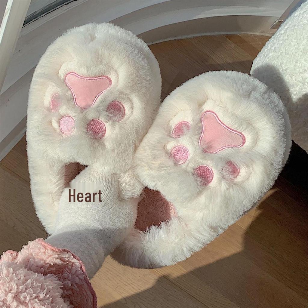 Women's Cute Korean Style Heart Plush Winter Slippers with Cat Paw Design and Soft Full Heel