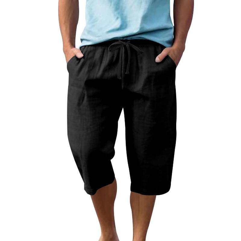 Summer Men's Loose Simple Solid Color Casual Linen Breathable Sports Beach 7-point Shorts
