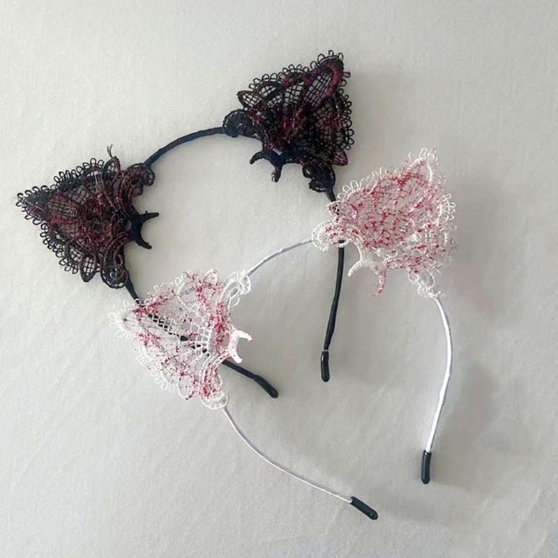 Elegant Lace Half Face Mask with Detachable Cats Ear Headband Hair Decors for Halloween Cosplay Costume Parties