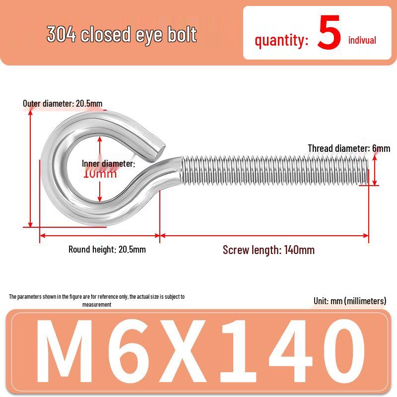 304 Stainless Steel Eyebolt with Ring Hook – Machine Thread Closed Eye Bolt (M4 M5 M6 M8)