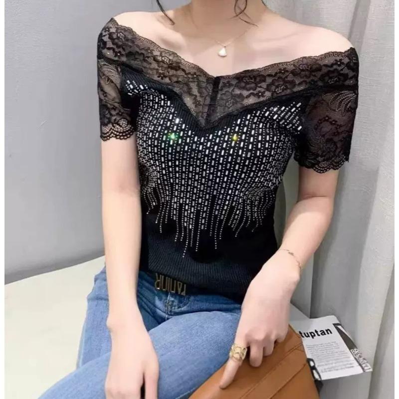 Summer short-sleeved patchwork knitted perm women's casual top for inner wear and outer wear