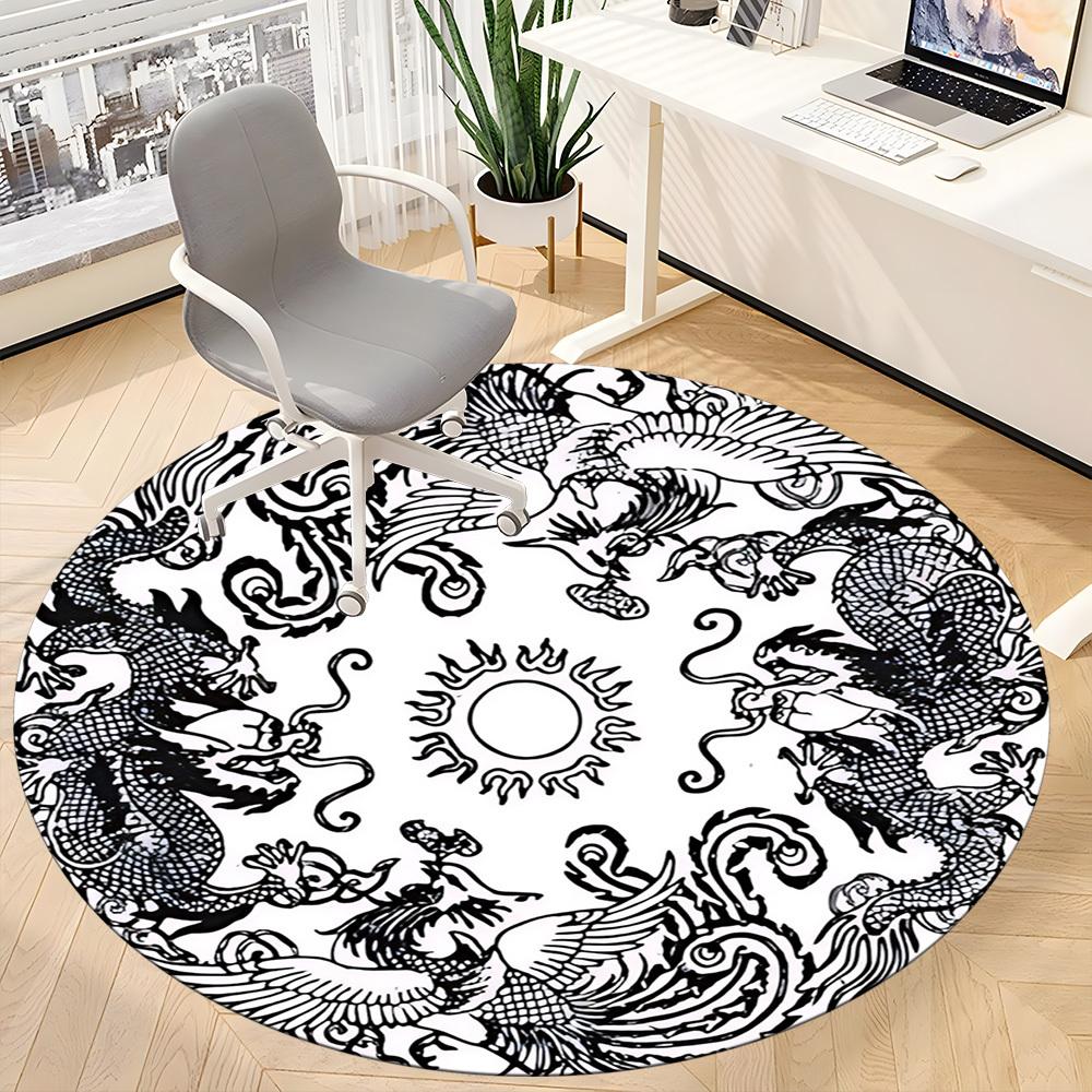1pc Dragon Phoenix Circle Chair Carpet for Office, Round Non Slip Durable Large Size Office Carpet, Suitable for Office
