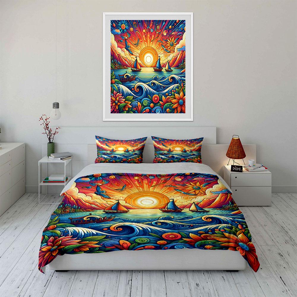 Sunset Ocean Sailing Decor Bedding Set with 1 Duvet Cover 2 Pillowcases Single Double King Queen, Gift
