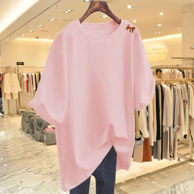 Cotton loose t-shirt women's summer round neck white top medium and long bottoming shirt short sleeves