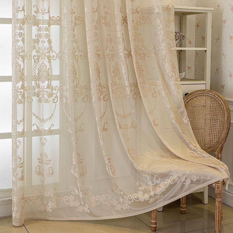 Broderade Skira Gardiner Ljusfiltrerande Spets Fönsterskärm Europeisk Stil för Vardagsrum Sovrum Balkong Burspråksfönster