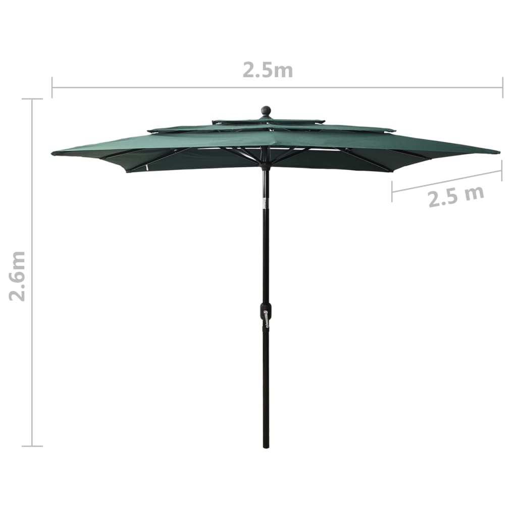 2.5x2.5 m Green Triple Layer Sun Umbrella with Aluminum Pole