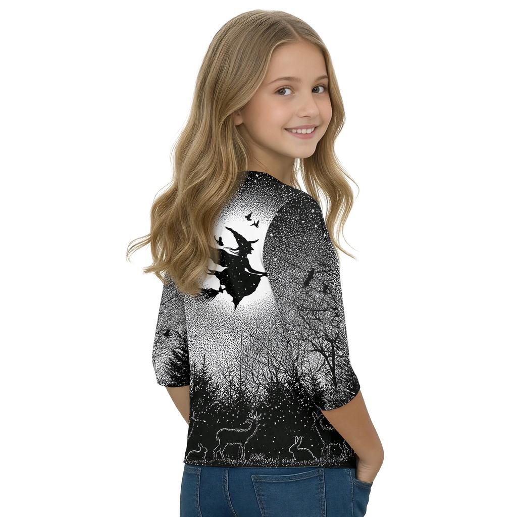 Kids Halloween Printed T-Shirt with Pumpkin Witch Design, 7/8 Sleeve Round Neck Top for Daily Wear