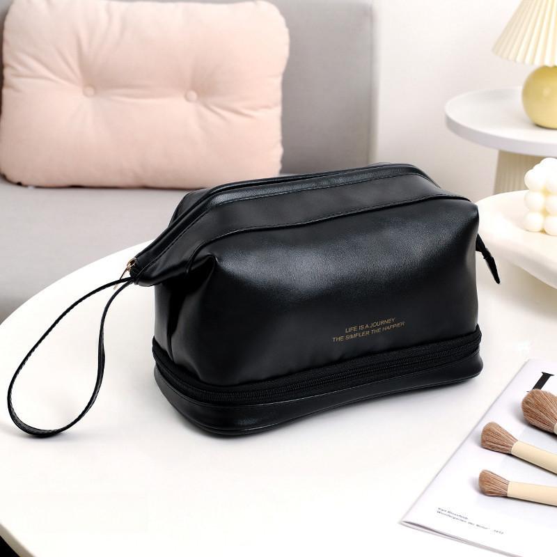 Stylish Double-layer Pu Makeup Bag Large Capacity Travel Wash Bag Cosmetic Storage Bag Portable чёрный