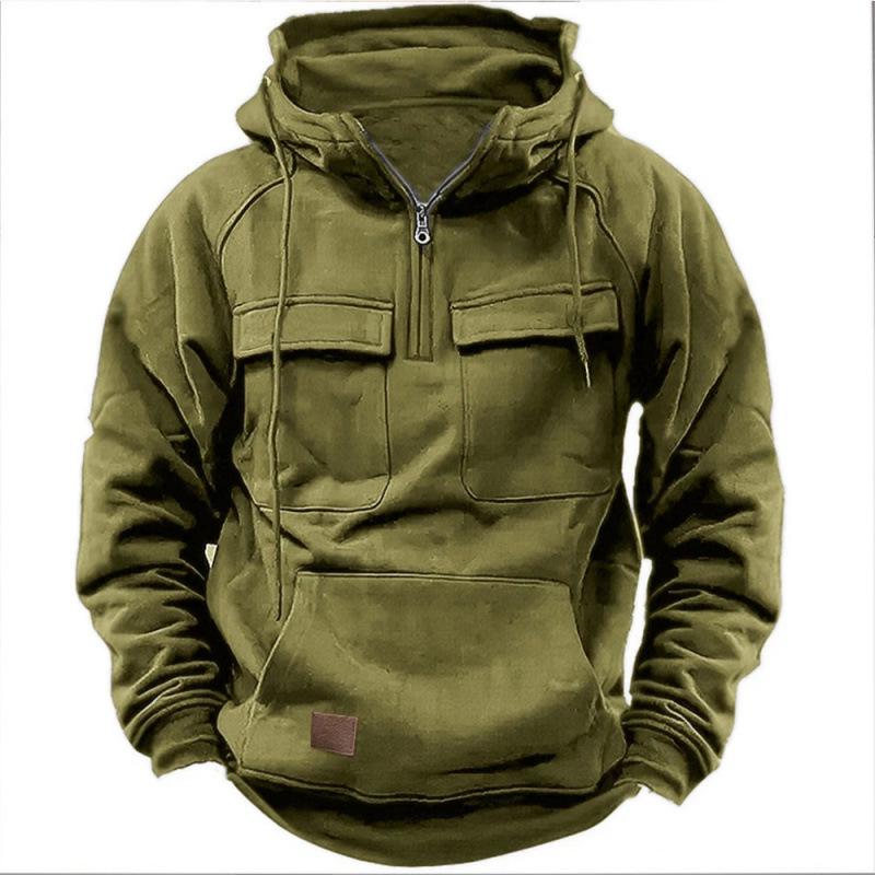2025 Men's Autumn/Winter Hooded Solid Color Workwear Sweatshirt Jacket