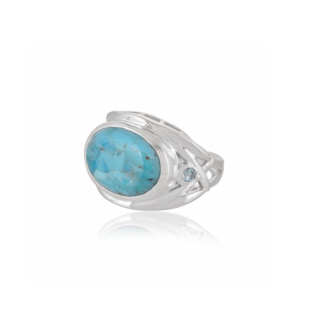 Sterling Silver Turquoise Ring - Oval Blue Gemstone Ring with Geometric Cut-Out Band and Blue Topaz Accent - Southwestern Statement Jewelry