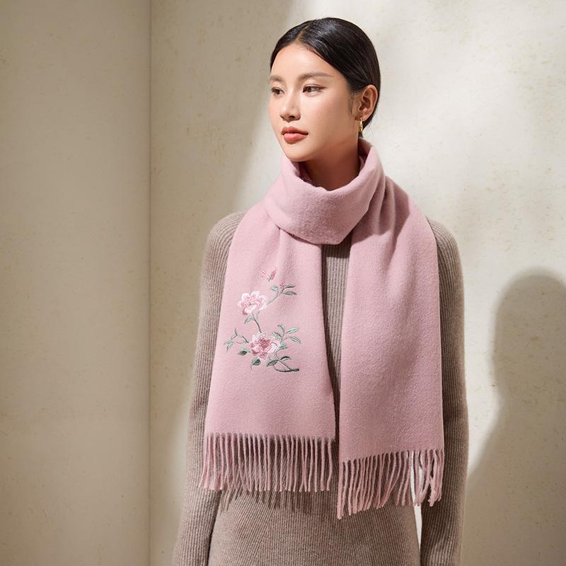 100% Wollschals Damen Winterschals Wickel Grauer Pashmina Warmer Chinesischer Suzhou-Stickerei Roter Schal Echarpe Femme 180X30cm