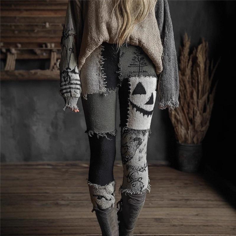 Vintage 3D kötött leggings nőknek gótikus mintával magas derék szűk nadrág Y2K punk utcai viselet rugalmas karcsúsított nadrág